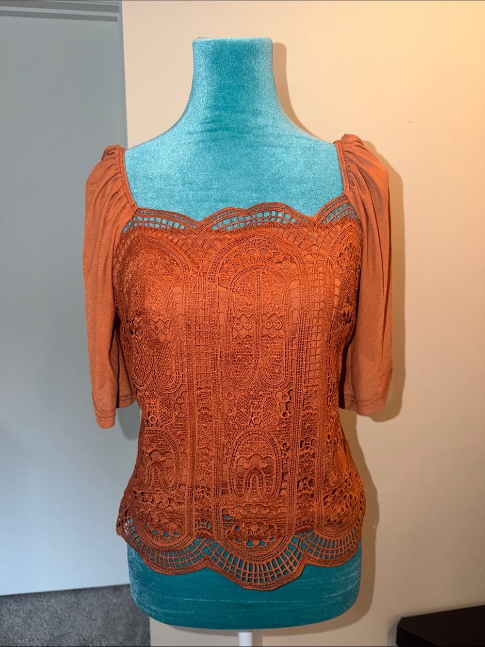 Crochet Lace Square-Neck Blouse in Rust Orange